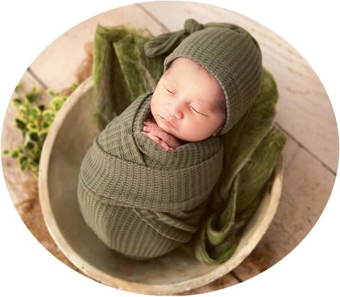 Newborn Baby Photography Wrap with Long Tail Hat Boy Girl Photo Crochet Outfits Picture Blanket Props (green) in Kuwait