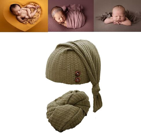Newborn Baby Photography Wrap with Long Tail Hat Boy Girl Photo Crochet Outfits Picture Blanket Props (green) in Kuwait