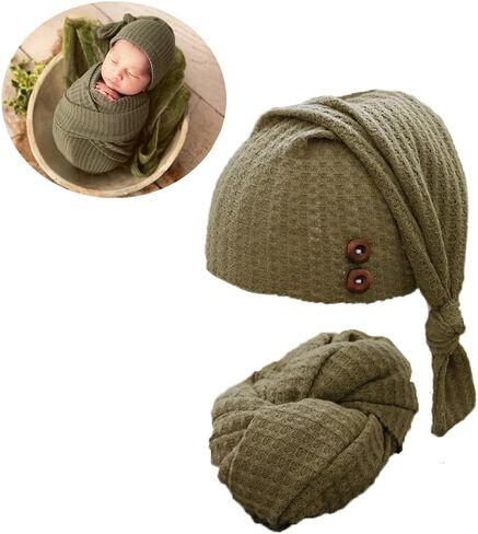 Newborn Baby Photography Wrap with Long Tail Hat Boy Girl Photo Crochet Outfits Picture Blanket Props (green) in Kuwait
