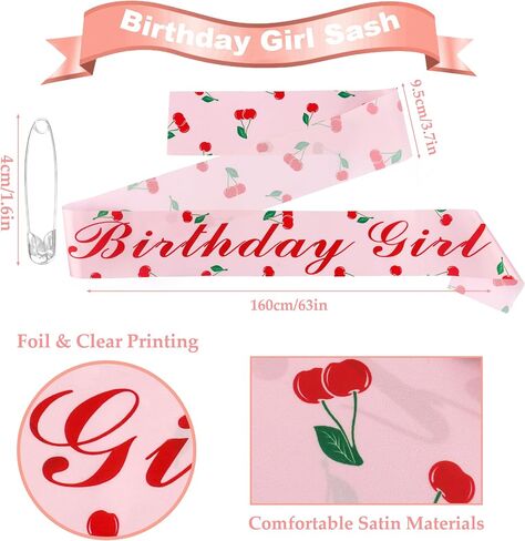 Cherry Birthday Girl Sash - Elegant Pink Satin with Red Foil Party Birthday Sash for Girls, Perfect for Cherry Birthday Party Decorations & Photo Props in Kuwait