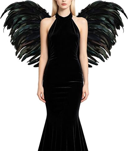whitefeather Black Feather Angel Wings for Adults, Real Rooster Tail Fairy Costume Prop with Adjustable Strap for Cosplay Photography, 3.11ft in Kuwait