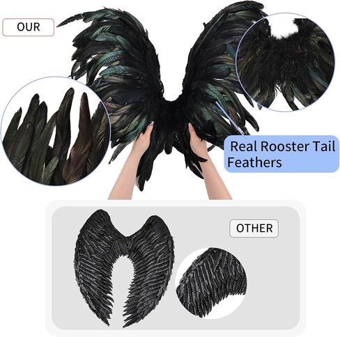 whitefeather Black Feather Angel Wings for Adults, Real Rooster Tail Fairy Costume Prop with Adjustable Strap for Cosplay Photography, 3.11ft in Kuwait