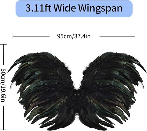 whitefeather Black Feather Angel Wings for Adults, Real Rooster Tail Fairy Costume Prop with Adjustable Strap for Cosplay Photography, 3.11ft in Kuwait