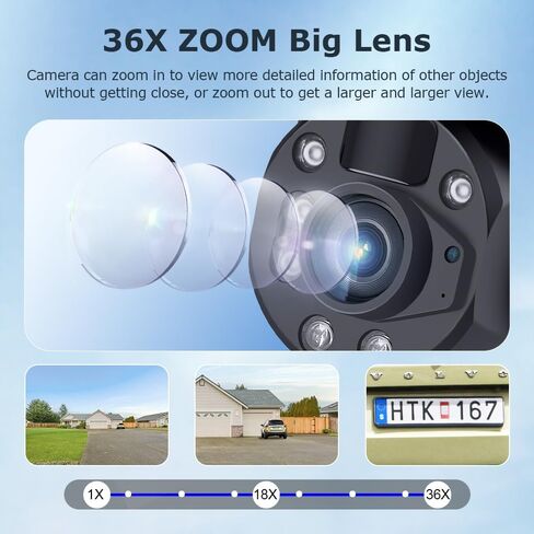 Solar Camera Outdoor Wireless, 6MP Dual View 36X Optical Zoom PTZ Security Camera, 2.4GHz WiFi, 50M Laser Infrared Night Vision, IP66 Waterproof for Home Yard Villa Farm Outdoor Surveillance in Kuwait