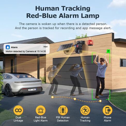 Solar Camera Outdoor Wireless, 6MP Dual View 36X Optical Zoom PTZ Security Camera, 2.4GHz WiFi, 50M Laser Infrared Night Vision, IP66 Waterproof for Home Yard Villa Farm Outdoor Surveillance in Kuwait