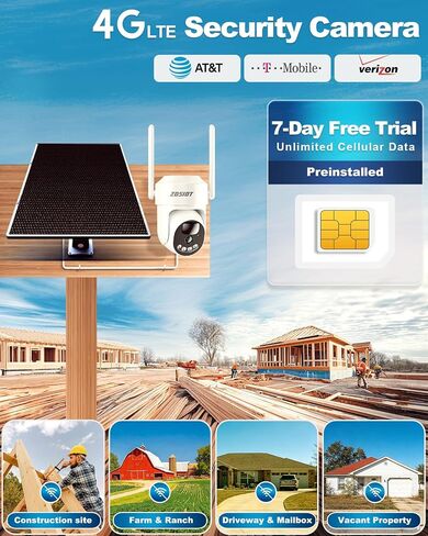 Solar Cellular Security Camera 24/7 Recording, No WiFi 4G LTE Camera Wireless Outdoor for Jobsite/Barn/Remote Areas, AI Detection, Human Tracking, 4MP Color Night Vision, Built-in Sim & 64GB TF Card in Kuwait
