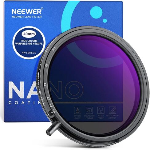 NEEWER 49mm True Colors Variable ND&CPL Filter with Putter, ND3-64(1.5-6 Stops), 2 in 1 Adjustable Limited Neutral Density & CPL Filter, Multi Coated HD Optical Glass/Aluminum Frame/Scratch Resistant in Kuwait