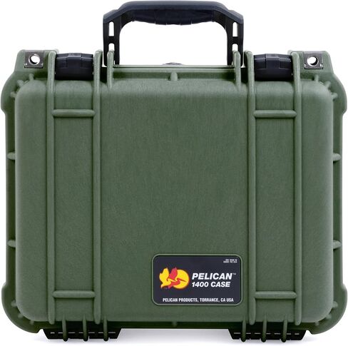 Pelican Protector 1400 Case by ColorCase - OD Green - Medium Size Waterproof Case with Pick & Pluck Foam & Convoluted Lid Foam - Orange Handles & Latches in Kuwait