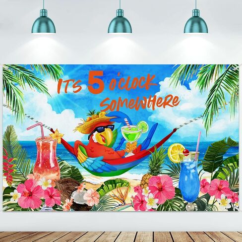 Mixweer It's 5 O' Clock Somewhere Summer Backdrop Tropical Parrot Banner Beach Hawaii Decoration Polyester Background Nautical Cocktails Drinks Bar Party Supplies Holiday Photo Booth Prop(Tropical) in Kuwait