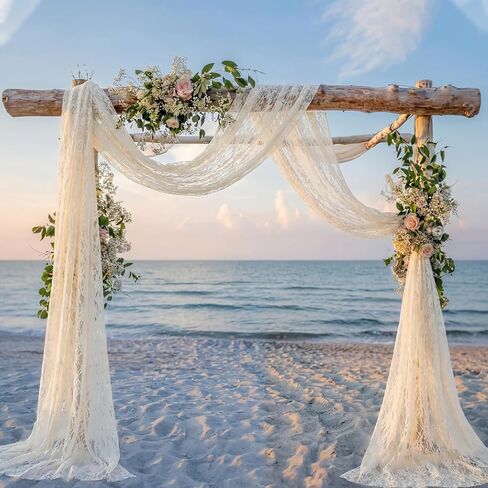 HunnmingRe 2 Panel White Lace Wedding Arch Draping Fabric 30" x 18 FT | Lace Backdrop, Embroidered Boho Wedding Decoration, Summer Bridal Shower Church Ceremony Background, Multi Use Curtains in Kuwait