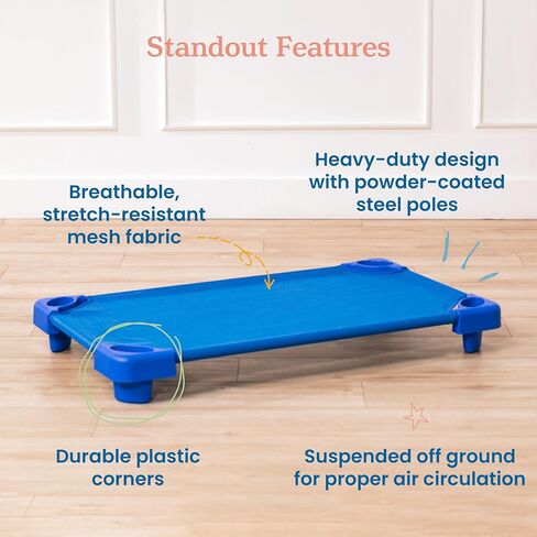 ECR4Kids Stackable Kiddie Cot, Ready-To-Assemble, Toddler Size, Classroom Furniture, Blue, 6-Pack | Breathable mesh, GREENGUARD Gold Certified, 75 lb capacity, space-saving vertical stacking, rounded edges, classroom/daycare in Kuwait