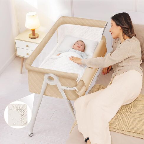 Bassinet Bedside Sleeper, Baby Bassinet with Crib Sheet and Wheels | 4 Adjustable Height Bedside Crib with Comfy Mattress, Breathable Mesh Baby Crib for Newborn, Khaki, MinoBub in Kuwait