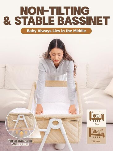 Bassinet Bedside Sleeper, Baby Bassinet with Crib Sheet and Wheels | 4 Adjustable Height Bedside Crib with Comfy Mattress, Breathable Mesh Baby Crib for Newborn, Khaki, MinoBub in Kuwait