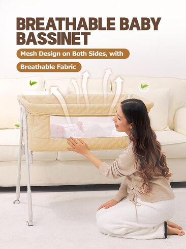 Bassinet Bedside Sleeper, Baby Bassinet with Crib Sheet and Wheels | 4 Adjustable Height Bedside Crib with Comfy Mattress, Breathable Mesh Baby Crib for Newborn, Khaki, MinoBub in Kuwait