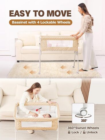 Bassinet Bedside Sleeper, Baby Bassinet with Crib Sheet and Wheels | 4 Adjustable Height Bedside Crib with Comfy Mattress, Breathable Mesh Baby Crib for Newborn, Khaki, MinoBub in Kuwait