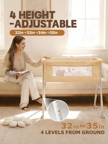 Bassinet Bedside Sleeper, Baby Bassinet with Crib Sheet and Wheels | 4 Adjustable Height Bedside Crib with Comfy Mattress, Breathable Mesh Baby Crib for Newborn, Khaki, MinoBub in Kuwait