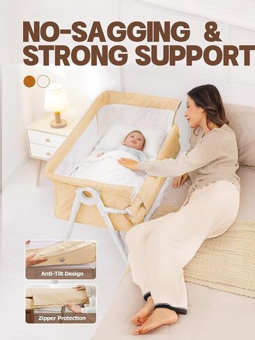 Bassinet Bedside Sleeper, Baby Bassinet with Crib Sheet and Wheels | 4 Adjustable Height Bedside Crib with Comfy Mattress, Breathable Mesh Baby Crib for Newborn, Khaki, MinoBub in Kuwait