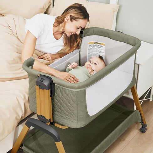 3-in-1 Baby Bassinet, Bedside Sleeper, Rocking Mode, Wheels (Green) | 5 heights, breathable mesh, comfy mattress with washable sheet, storage basket, tool-free setup, bedside or rocking use in Kuwait