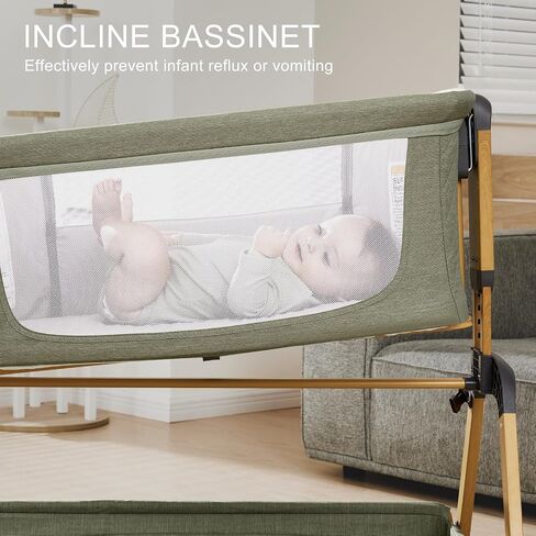 3-in-1 Baby Bassinet, Bedside Sleeper, Rocking Mode, Wheels (Green) | 5 heights, breathable mesh, comfy mattress with washable sheet, storage basket, tool-free setup, bedside or rocking use in Kuwait