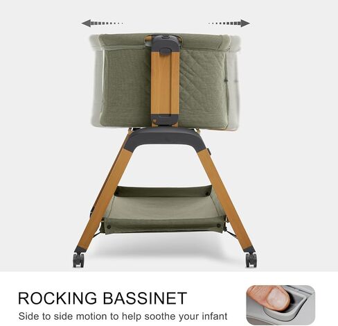 3-in-1 Baby Bassinet, Bedside Sleeper, Rocking Mode, Wheels (Green) | 5 heights, breathable mesh, comfy mattress with washable sheet, storage basket, tool-free setup, bedside or rocking use in Kuwait