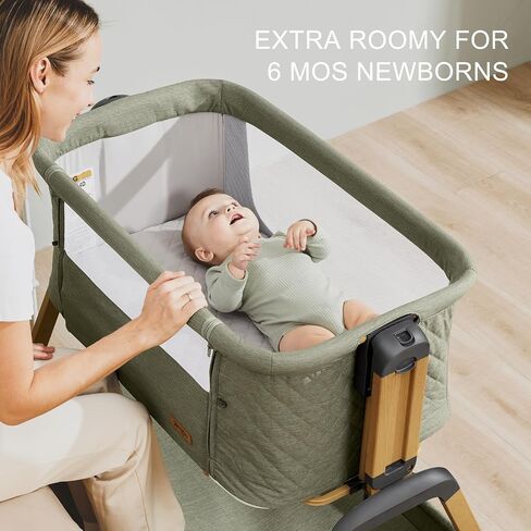3-in-1 Baby Bassinet, Bedside Sleeper, Rocking Mode, Wheels (Green) | 5 heights, breathable mesh, comfy mattress with washable sheet, storage basket, tool-free setup, bedside or rocking use in Kuwait
