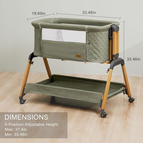 3-in-1 Baby Bassinet, Bedside Sleeper, Rocking Mode, Wheels (Green) | 5 heights, breathable mesh, comfy mattress with washable sheet, storage basket, tool-free setup, bedside or rocking use in Kuwait