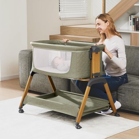 3-in-1 Baby Bassinet, Bedside Sleeper, Rocking Mode, Wheels (Green) | 5 heights, breathable mesh, comfy mattress with washable sheet, storage basket, tool-free setup, bedside or rocking use in Kuwait
