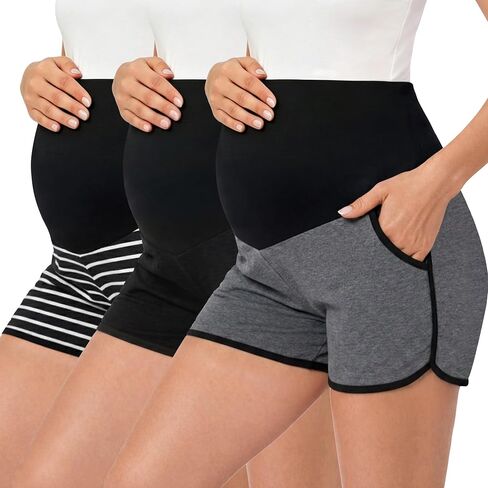Ecavus 3 Pack Women's Maternity Shorts Workout Stretchy Lounge Sports Yoga Over Belly Pregnancy Shorts for Women with Pockets in Saudi Arabia