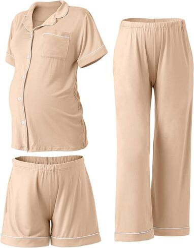 Rnxrbb Button Down Maternity Pajamas Set Nursing Postpartum Pjs Clothes | 3-Piece Breastfeeding Pajama Set Loungwear Clothes with Button-Up Top, Adjustable Waistband, Comfy for Pregnancy & Postpartum in Kuwait