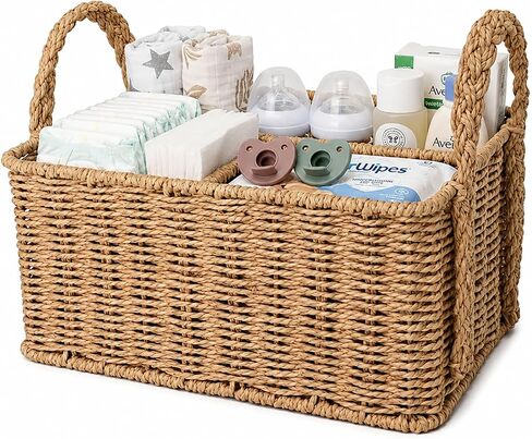 Diaper Caddy Organizer, Paper Rope Storage Baskets Nursery Bin with Removable Divider, Woven Scalloped Portable Car Organizer for Diapers, Baby Shower Gifts, Newborn Essentials Must Haves in Kuwait