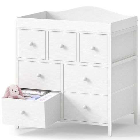 BOLUO Changing Table Dresser with Storage, Baby Dresser with Changing Table Top Diaper Changing Station with 7 Fabric Drawers for Nursery Modern in Kuwait