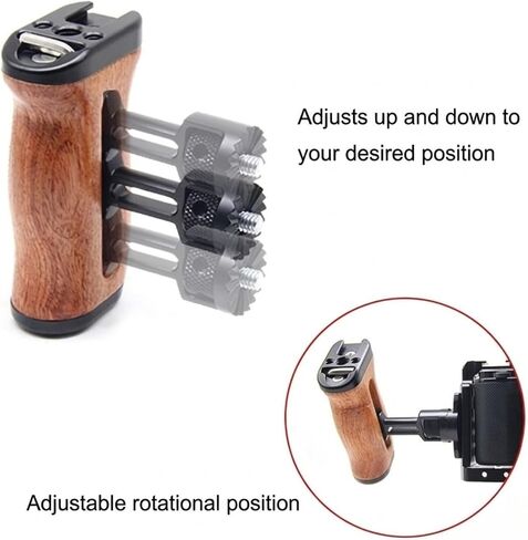 360° Rotating Wooden Side Handle for Camera Cage, Adjustable Height & Angle, Cold Shoe Mount, Multiple 1/4"-20 & 3/8"-16 Threaded Holes, Magnetic Wrench Storage, Left/Right Grip in Kuwait