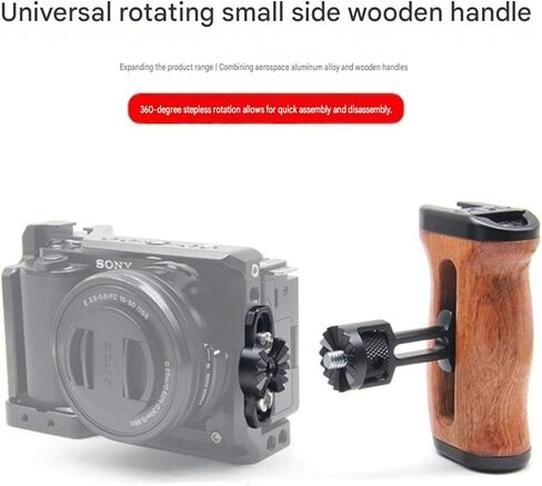 360° Rotating Wooden Side Handle for Camera Cage, Adjustable Height & Angle, Cold Shoe Mount, Multiple 1/4"-20 & 3/8"-16 Threaded Holes, Magnetic Wrench Storage, Left/Right Grip in Kuwait