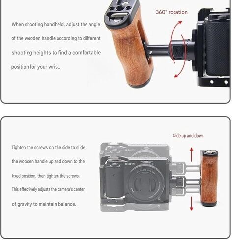360° Rotating Wooden Side Handle for Camera Cage, Adjustable Height & Angle, Cold Shoe Mount, Multiple 1/4"-20 & 3/8"-16 Threaded Holes, Magnetic Wrench Storage, Left/Right Grip in Kuwait