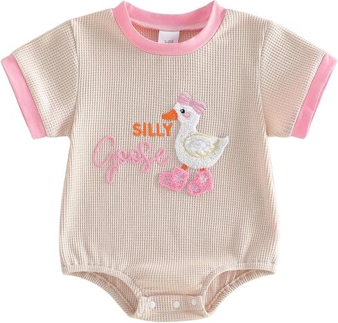Summer Baby Girl Romper Silly Goose Embroidery Short Sleeve Waffled Bodysuit Infant Newborn Bubble Romper in Kuwait