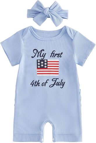 Baby Girl Independence Day Outfit My First 4th of July Onesie American Flag Romper Ribbed Knit Jumpsuit with Headband in Kuwait