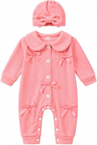 Renotemy Baby Girl Clothes Gifts Newborn Essential Outfit Preemie-12Months | Winter Cute Preemie Baby Girl Clothing,Newborn Coming Home Outfit,Infant Elastic Romper,Peter Pan Collar Snap Botton Closure in Kuwait