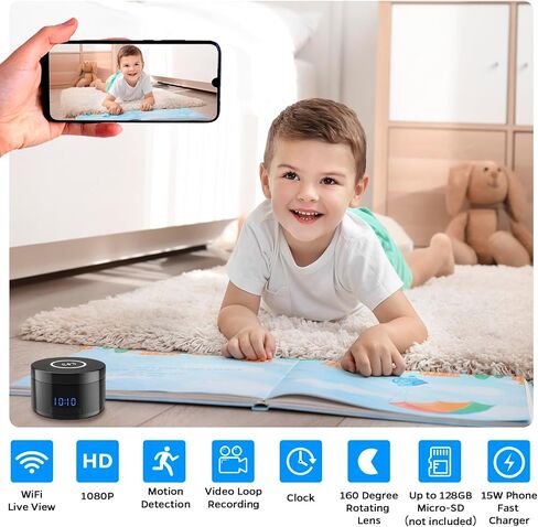 Indoor Security Camera | Clock & Wireless Charging, 1080P WiFi Cameras with Motion Detection, Night Vision, Local & Cloud Storage,with APP (Black) in Kuwait