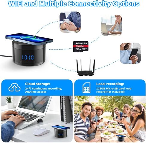 Indoor Security Camera | Clock & Wireless Charging, 1080P WiFi Cameras with Motion Detection, Night Vision, Local & Cloud Storage,with APP (Black) in Kuwait