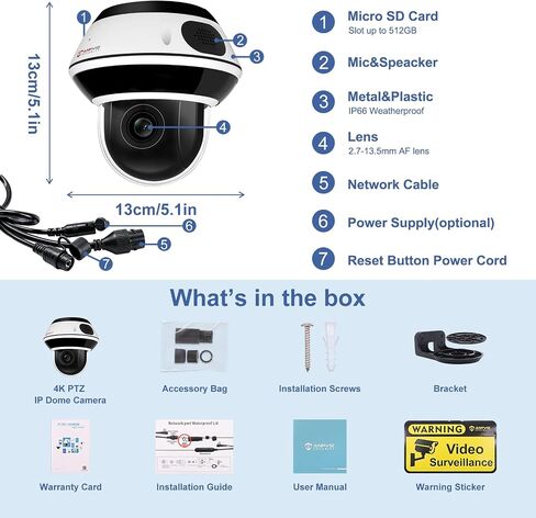 Anpviz UltraHD 4K 8MP PTZ POE IP Dome Camera Outdoor with 5X Optical Zoom | Two-Way Audio, Human Vehicle Detection, 512GB SD Slot, 100ft IR Night Vision, 350°pan & 90°tilt (U Series) in Kuwait