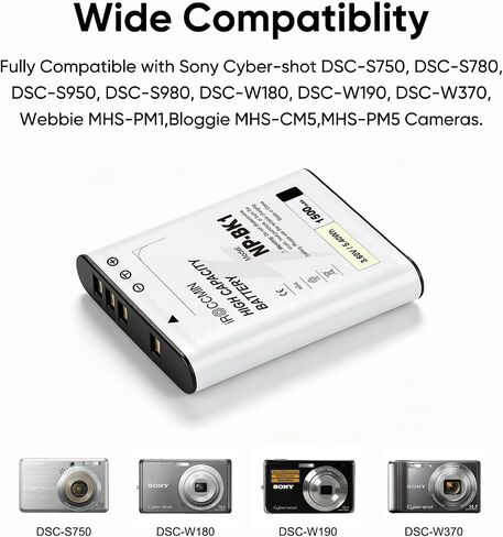 2-Pack 1500mAh High Battery NP-BK1 Battery | Compatible with Sony Bloggie MHS-CM5, PM5, Cyber-Shot DSC-S750, S780, S950, S980, DSC-W180, W190, W370, Webbie MHS-PM1 in Kuwait