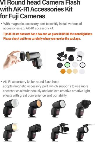 Godox V1 V1F Camera Flash with Magnetic Ring & AK-R1 Accessories Kit for Fujifilm, 76Ws 2.4G X Wireless TTL 1/8000 HSS Speedlight, 1.5s Recycle, 480 Full Power Flashes with Rechargeable Battery in Kuwait