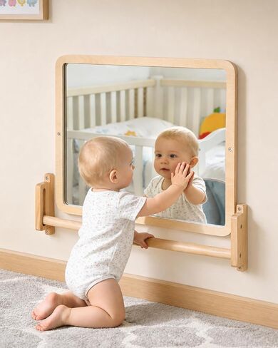 Montessori Mirror with Bar, 18.9 x 15.0 in – Adjustable Baby Pull Up Bar, Anti-Rotation Design & Acrylic Safety Baby Mirror for Wall – Tummy Time, Pull to Stand Toys for Infant Toddler Nursery in Kuwait