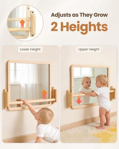 Montessori Mirror with Bar, 18.9 x 15.0 in – Adjustable Baby Pull Up Bar, Anti-Rotation Design & Acrylic Safety Baby Mirror for Wall – Tummy Time, Pull to Stand Toys for Infant Toddler Nursery in Kuwait