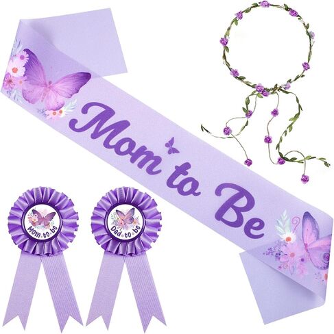 Chunful Butterfly Theme Mom to Be Sash Baby Shower Dad to Be Pin and Flower Crown Headband for Gender Reveals Party Baby Shower Party Favors for Girls Pregnancy Photo Props Gifts(Vivid,Purple) in Kuwait