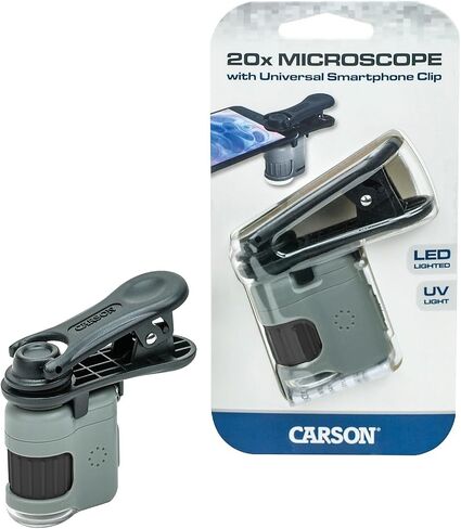 Carson MicroMini 20x LED Lighted Pocket Microscope with Built-in LED and UV Flashlight and Universal Smartphone Digiscoping Adapter Clip (MM-380) in Kuwait
