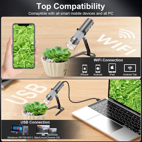 4K WiFi Microscope, Upgraded Stand for iPhone Android PC, 50-1000X USB Digital Microscope, HD Endoscope Camera, Compatible with All Devices, Wide Angle, Long Focal Length, Reliable Service | USB Digital Microscope Wireless HD Endoscope Camera for All Cell in Kuwait