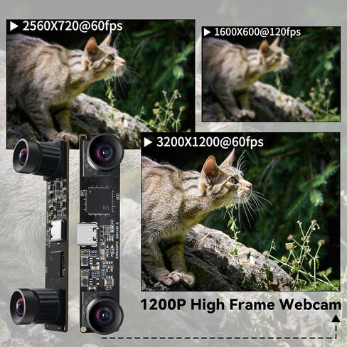 Stereo Camera Module 1200P Global Shutter USB Camera Module | 120fps High Speed Camera, Sync Webcam with No Distortion Dual Lens for VR,PC/Laptop/Raspberry Pi in Kuwait