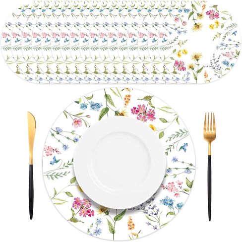 50PCS Floral Disposable Paper Placemats 13.5 Inch Summer Flowers Placemats Pastel Watercolor Round Table Mats for Wedding Anniversary Bride Party Supplies in Kuwait
