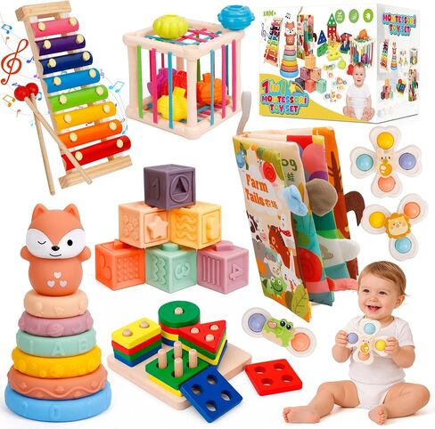 Montessori Baby Toys for Toddlers 1-3 | 7-in-1 Educational Activity Toy Set with Soft Cloth Book, Stacking Blocks & Learning Toys, Birthday Gifts for Boys Girls in Kuwait